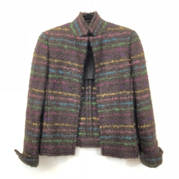 Akris Mohair Striped Blazer Brown Boucle Jacket US 10 Wool Blend Open Front - Picture 3 of 14